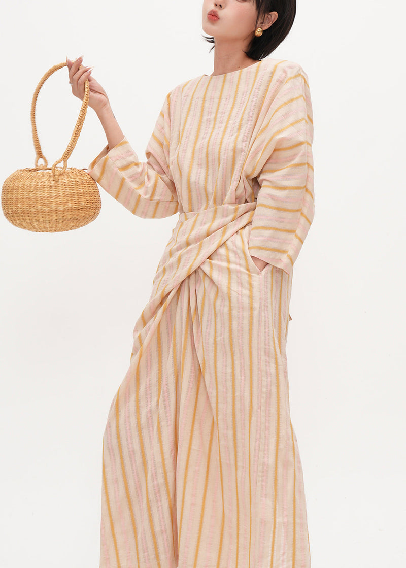 Beige Asymmetrical Striped Cotton Tunic Dress Fall