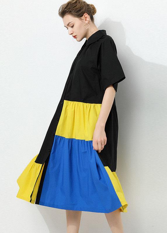 Art Black Patchwork Peterpan Collar Button Summer Cotton Dress Half Sleeve
