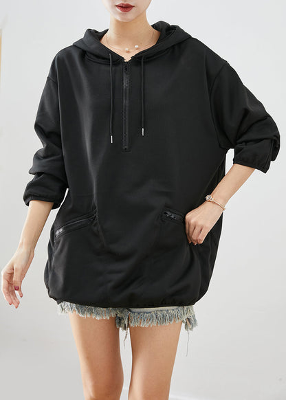 Black Zip Up Hooded Oversized Cotton Sweatshirts Top Fall