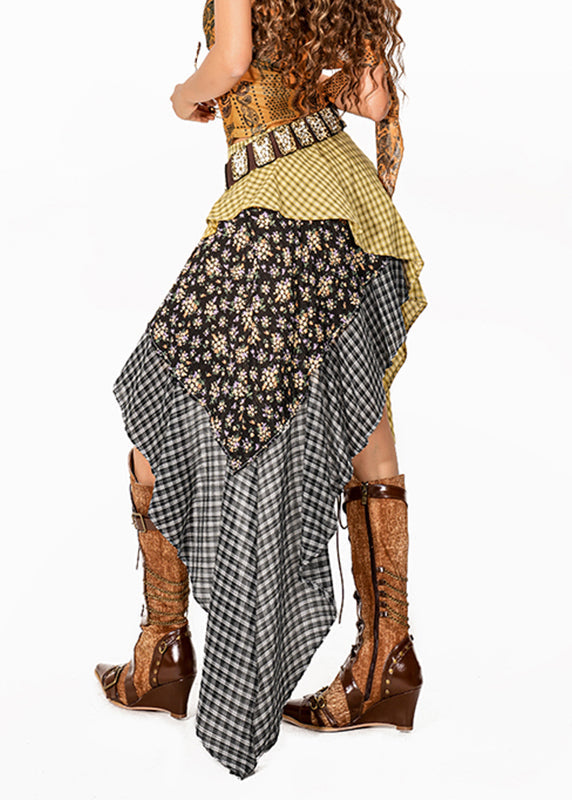 Colorblock Plaid Skirt Asymmetrical Patchwork Summer