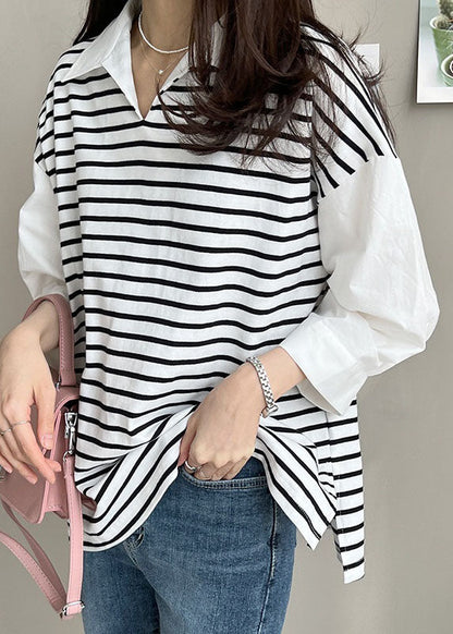 White Peter Pan Collar Patchwork Striped Cotton Shirt Tops Half Sleeve