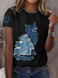 Women's Retro Funny Denim Patch Animal Cat Print T-shirt elevenforest