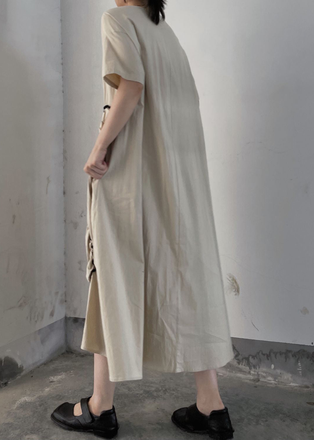 Apricot O Neck Wrinkled Patchwork Cotton Long Dresses Summer