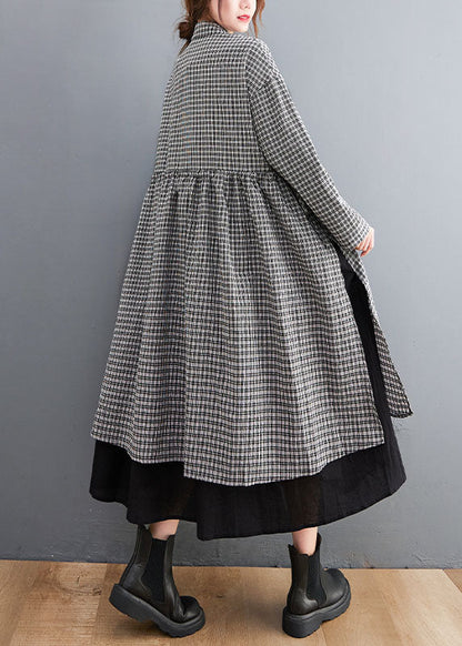 Black Plaid Button Side Open Cotton Dresses Shirts Spring