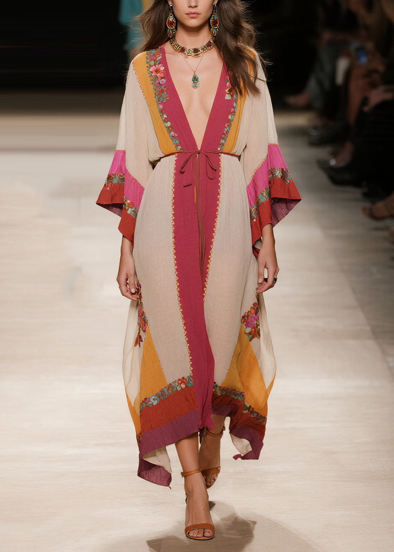Apricot Tie Waist Print Cotton Robe Dresses Summer
