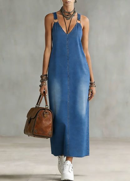 Blue V Neck Patchwork Denim Maxi Spaghetti Strap Dress Sleeveless