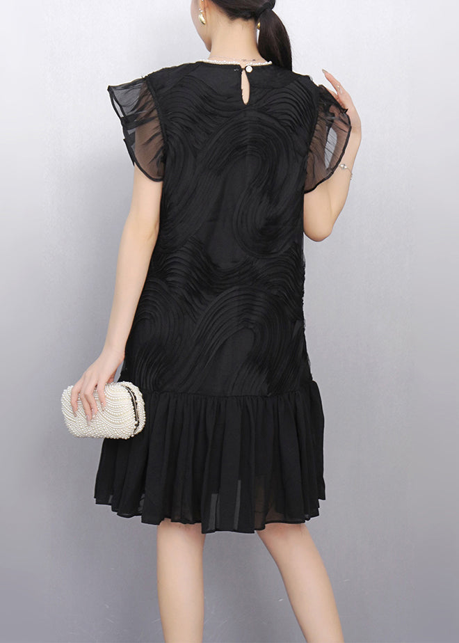 Black O Neck Wrinkled Tulle Patchwork Chiffon Dress Summer