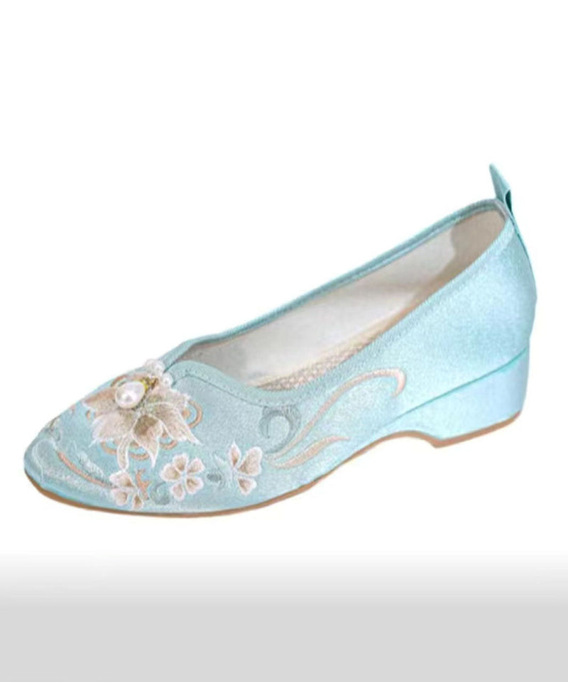 Blue Wedge Heels Satin Splicing Nail Bead Embroidery