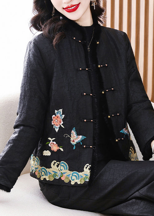 Handmade Black Embroideried Fine Cotton Filled Jacket Winter