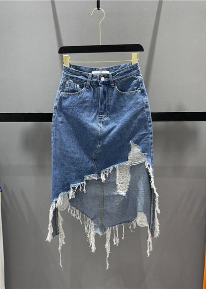 Blue Asymmetrical Pockets Tassel Hole Denim Skirts