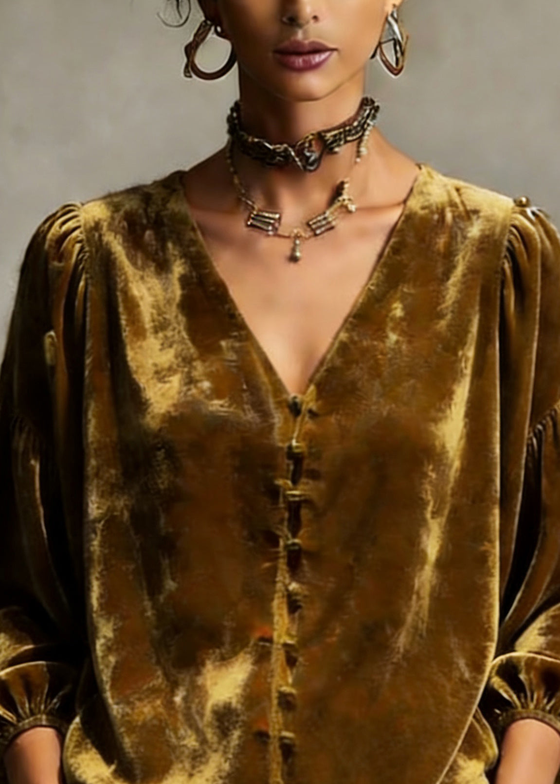 Retro Gold Yellow V Neck Patchwork Top Lantern Sleeve