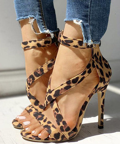 Soft Leopard Print Cross Strap Zippered Stiletto Sandals Velour Fabric