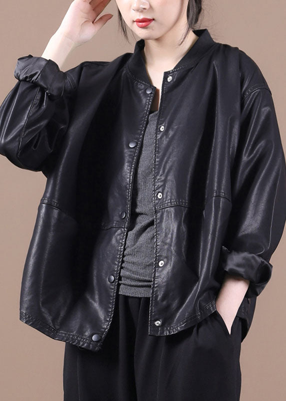 Black Pu Loose Button Fall Coats Long Sleeve