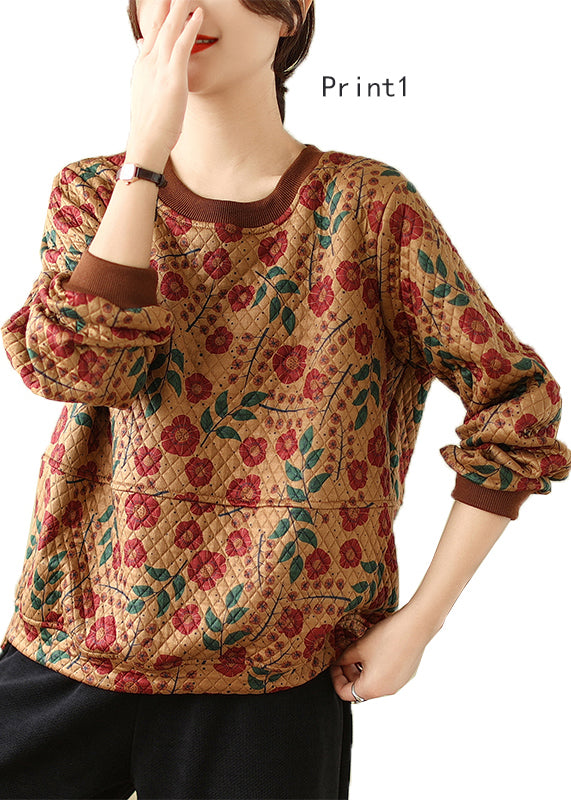 O Neck Print Fine Cotton Filled Pullover Top Winter