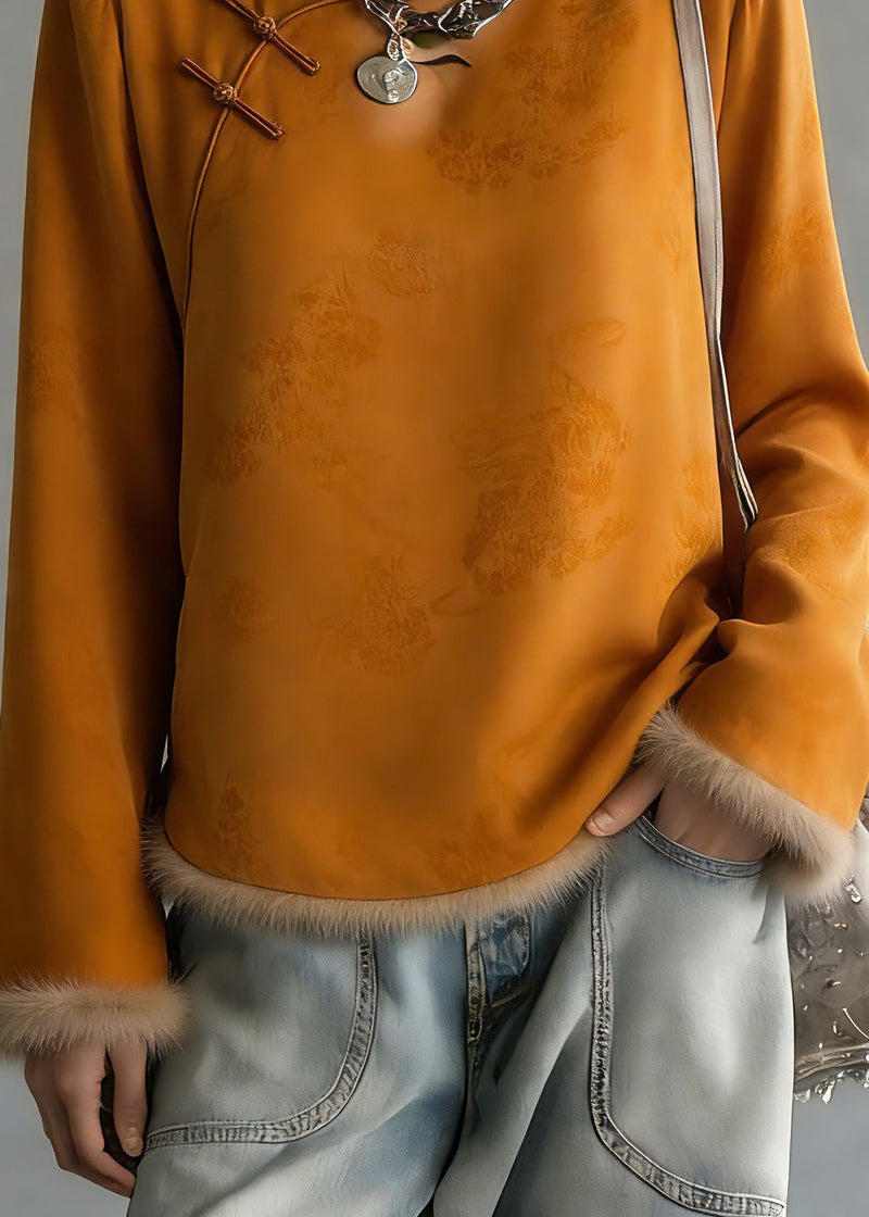 Jacquard Orange O-neck Patchwork Silk Cotton Shirts Flare Sleeve