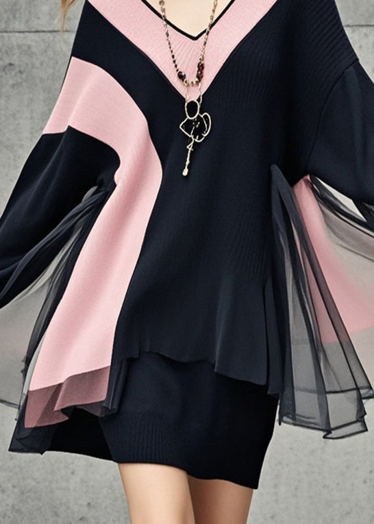 Black V Neck Patchwork Tulle Sweater Dress Fall