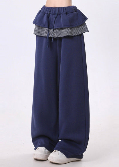 Navy Elastic Waist Patchwork Ruffles Cotton Pants Spring
