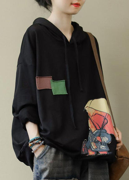Black Hooded Cotton Sweatshirt Street Wear Spring
