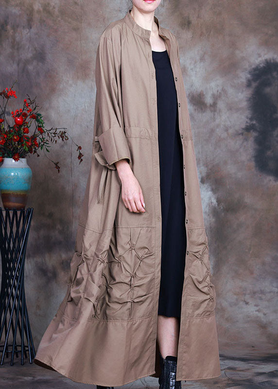 Khaki Button Tie Waist Spring Trench Coats