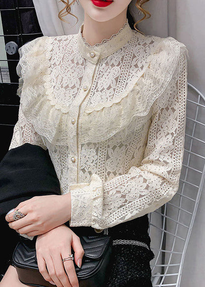 Modern Beige Hollow Out Patchwork Lace Top Long Sleeve