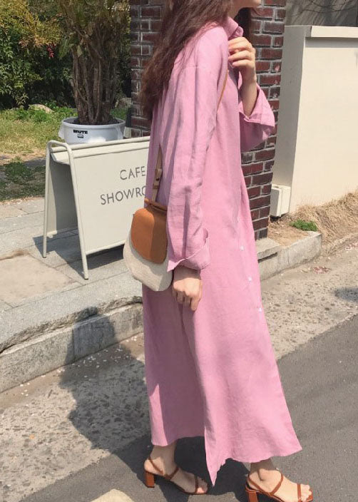 Classy Pink Button Side Open Cotton Shirt Long Dress Spring