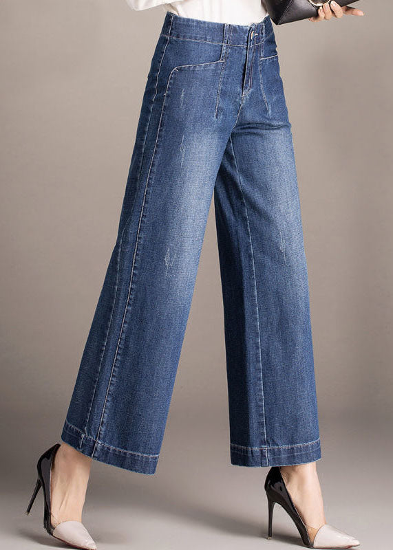 Denim Blue High Waist Pockets Draping Cotton Straight Pants Summer