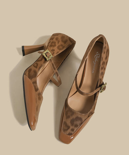 Brown Leopard Buckle Strap Splicing Stiletto High Heels Shoes
