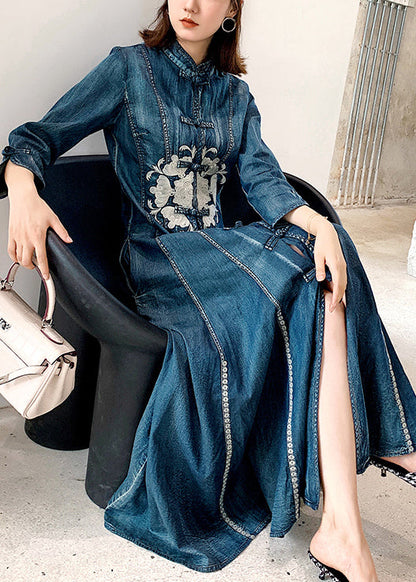 Chinese Style Blue Stand Collar Embroideried Patchwork Denim Dress Fall