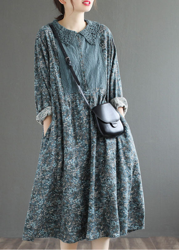 Blue Button Print Fall Dress Long Sleeve