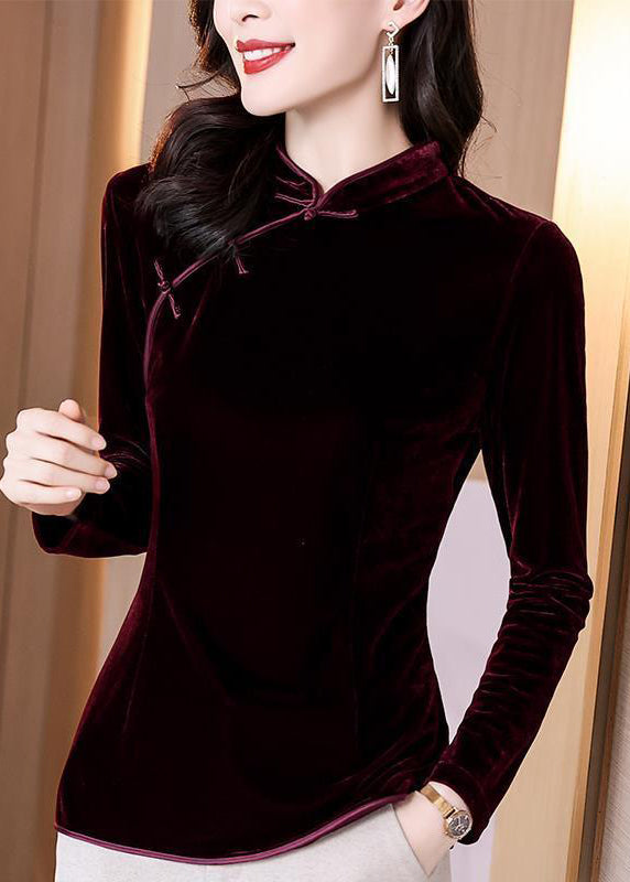 Mulberry Stand Collar Chinese Button Patchwork Velour Shirts Fall