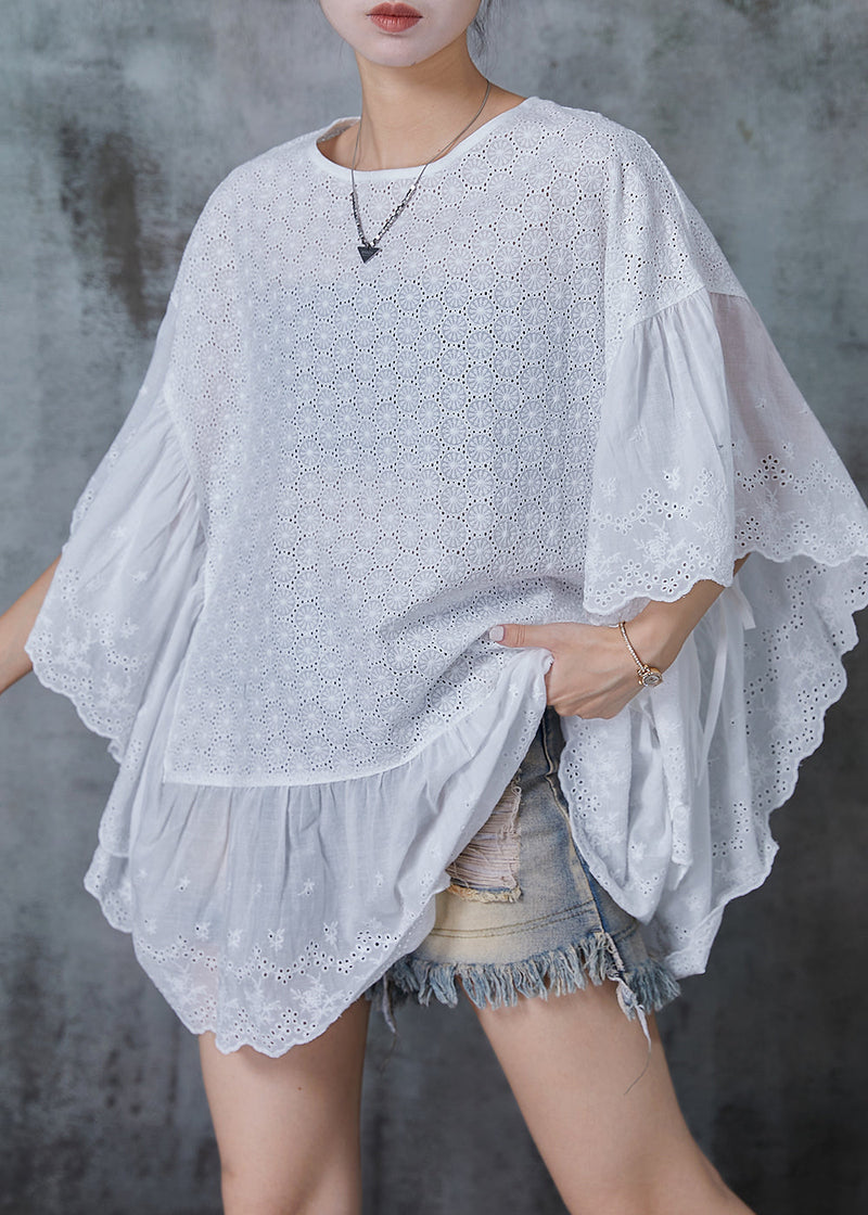 French White Oversized Patchwork Hollow Out Tank Batwing Sleeve Summer