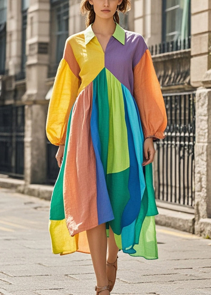 Colorblock Asymmetrical Patchwork Cotton Maxi Dresses Fall
