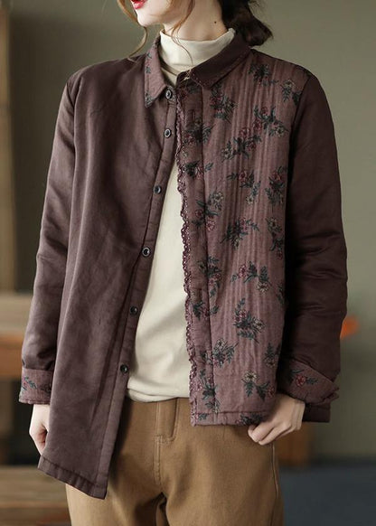 Style Lapel Asymmetric Coats Blouses Chocolate Print Art Jackets