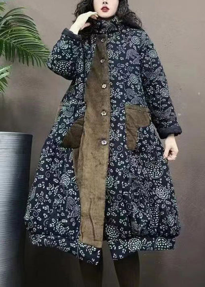Navy Pockets Print Patchwork Warm Fleece Coats Winter