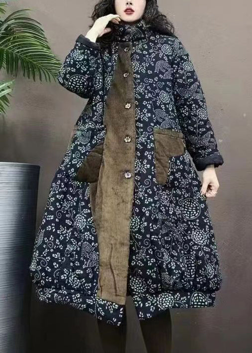 Navy Pockets Print Patchwork Warm Fleece Coats Winter