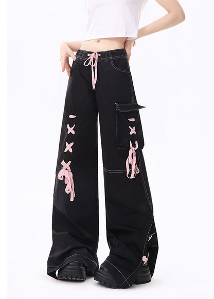 American Spicy Girl Black Color Tie Up Design Straight Leg Jeans Spring