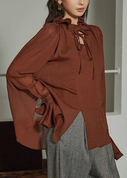 Coffee Ruffled Lace Up Silk Cotton Shirts Fall