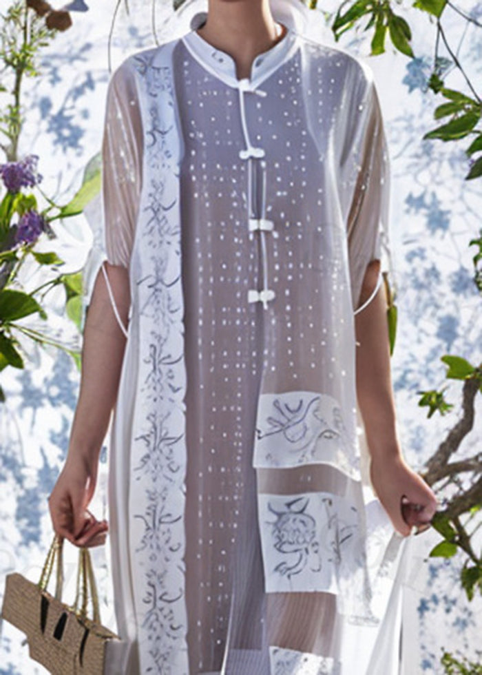 White Mandarin Collar Print Silk Long Dress Summer
