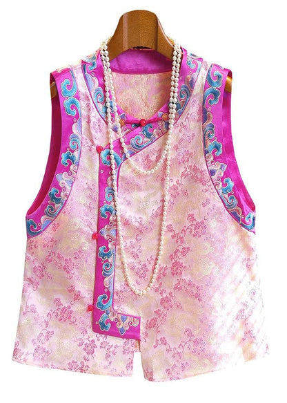 Pink Embroideried Patchwork Silk Vest Tops Sleeveless