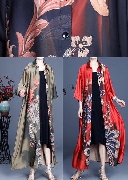 Loose Green Print Spring Long Sleeve Long Loose Coat