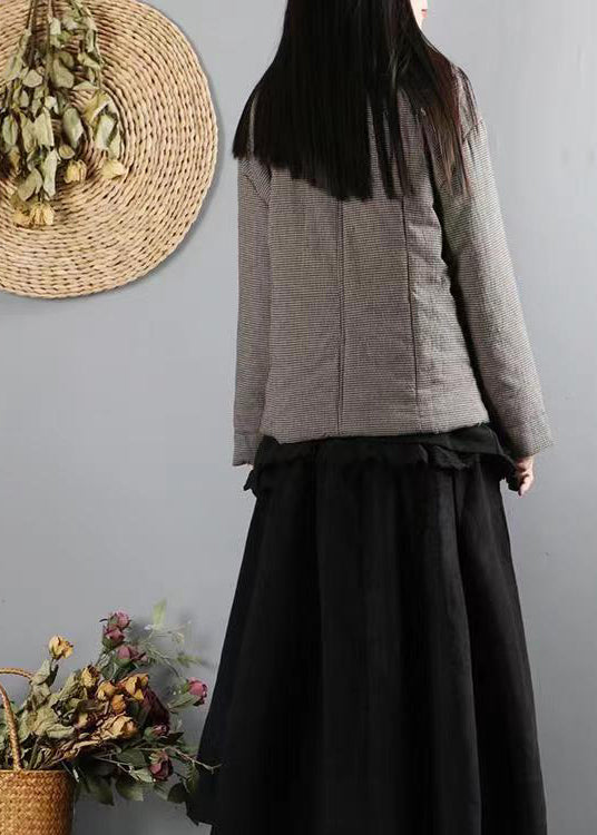 Black Plaid Pockets Double Breast Patchwork Cotton Filled Coats Winter
