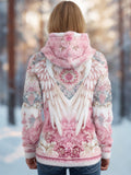 Comstylish Boho Floral & Wing Pattern Women's Flannel Hooded Sweatshirt