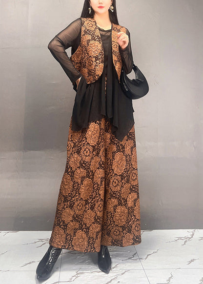 Stylish Gold Tulle Patchwork Coats and Wide Leg Pants Two Piece Set Fall
