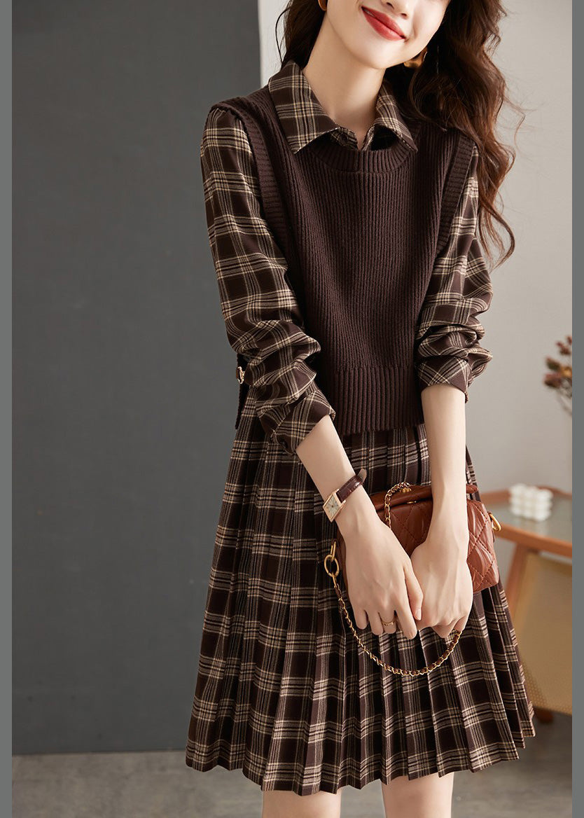Peter Pan Collar Plaid Knit Waistcoat and Mid Dresstwo Pieces Set Spring