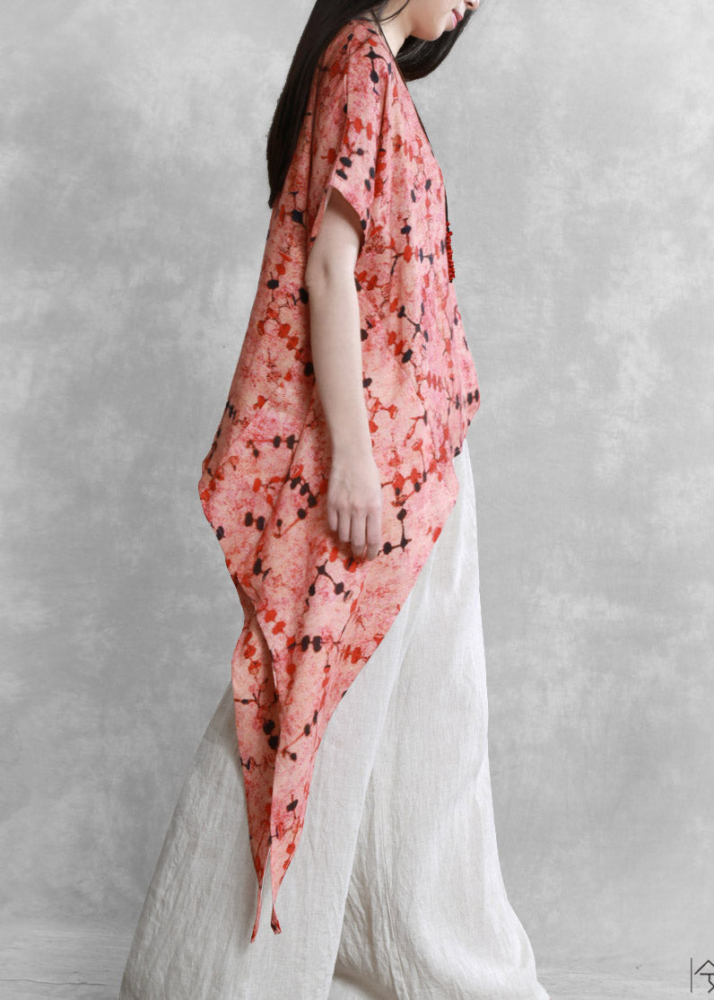 Retro Red O-neck Print Asymmetrical Tie Waist Linen Top Short Sleeve