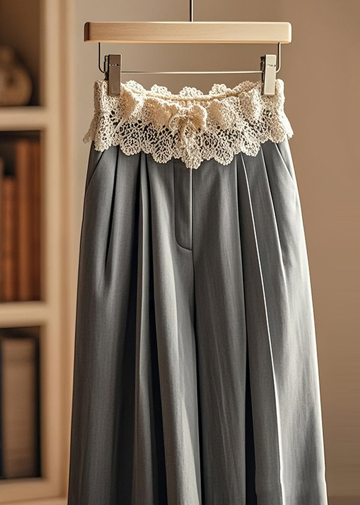 Grey Wrinkled Patchwork Lace Wide Leg Pants Fall