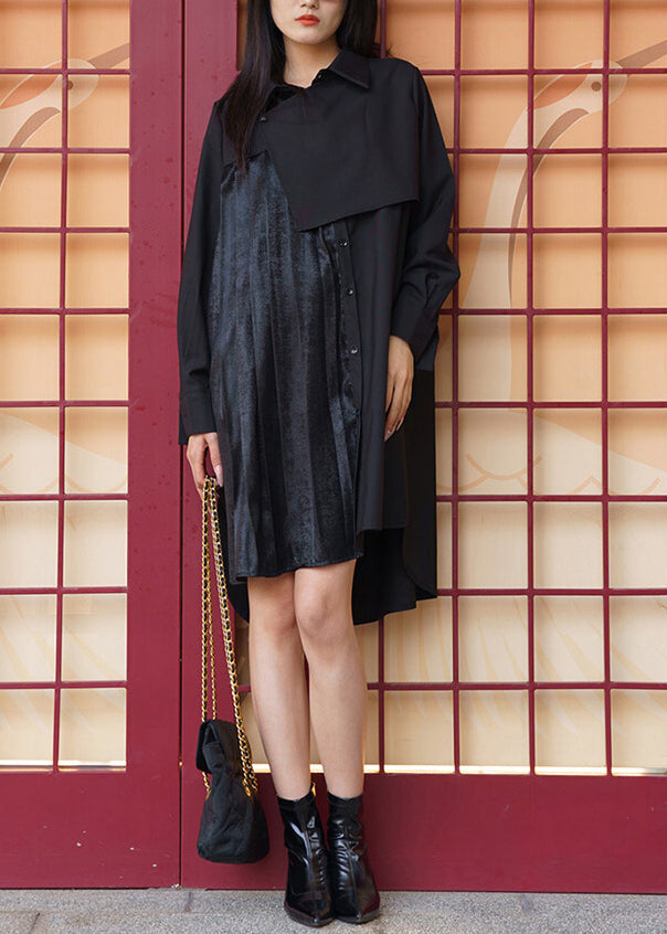 Black Asymmetrical Low High Design Cotton Dresses Spring