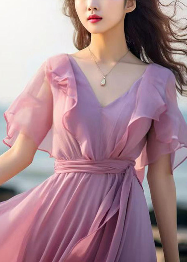 French Pink Tie Waist Patchwork Chiffon Dresses Butterfly Sleeve Summer