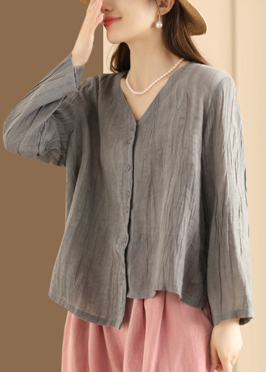 Blue V Neck Button Wrinkled Linen Top Long Sleeve