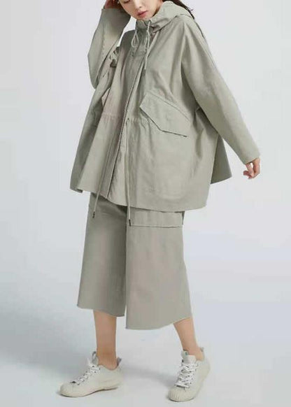 Drawstring Spring Short Coat Khaki Green Coat